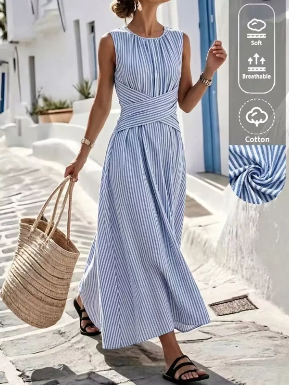 Full Size Sleeveless Striped Maxi Dress with Criss-Cross Waist Detail Plus Size, image 2