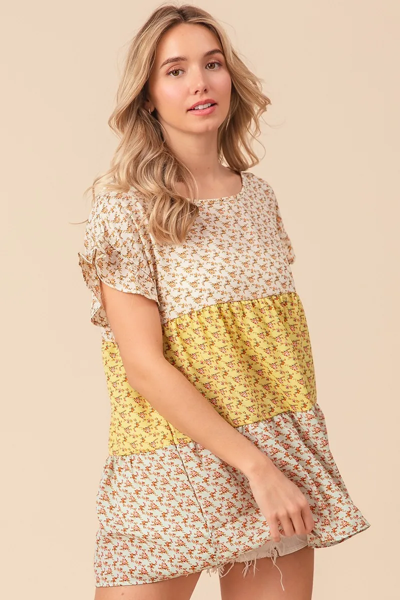 Flroal Printed Woven Color Block and Tiered Top, image 17