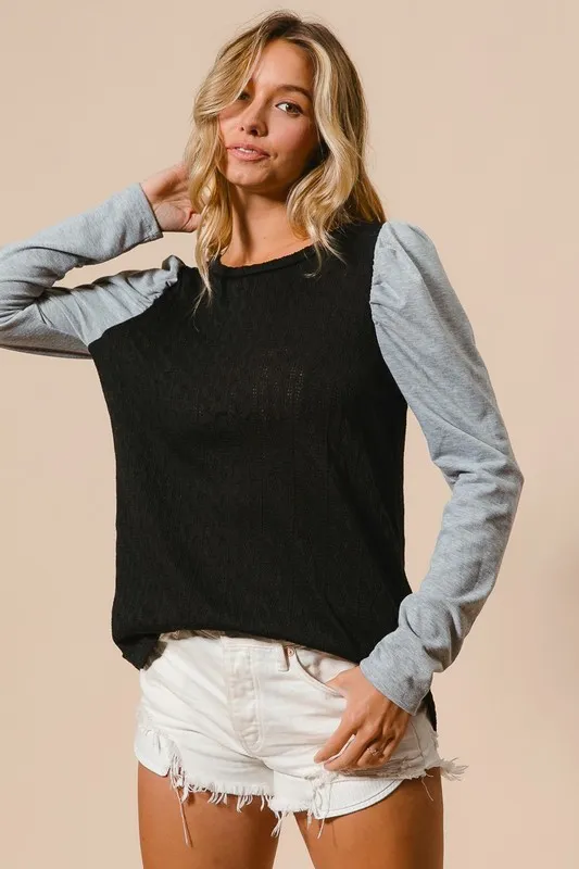 Cable Sweater Knit Top with Contrast Puff Sleeve, image 3