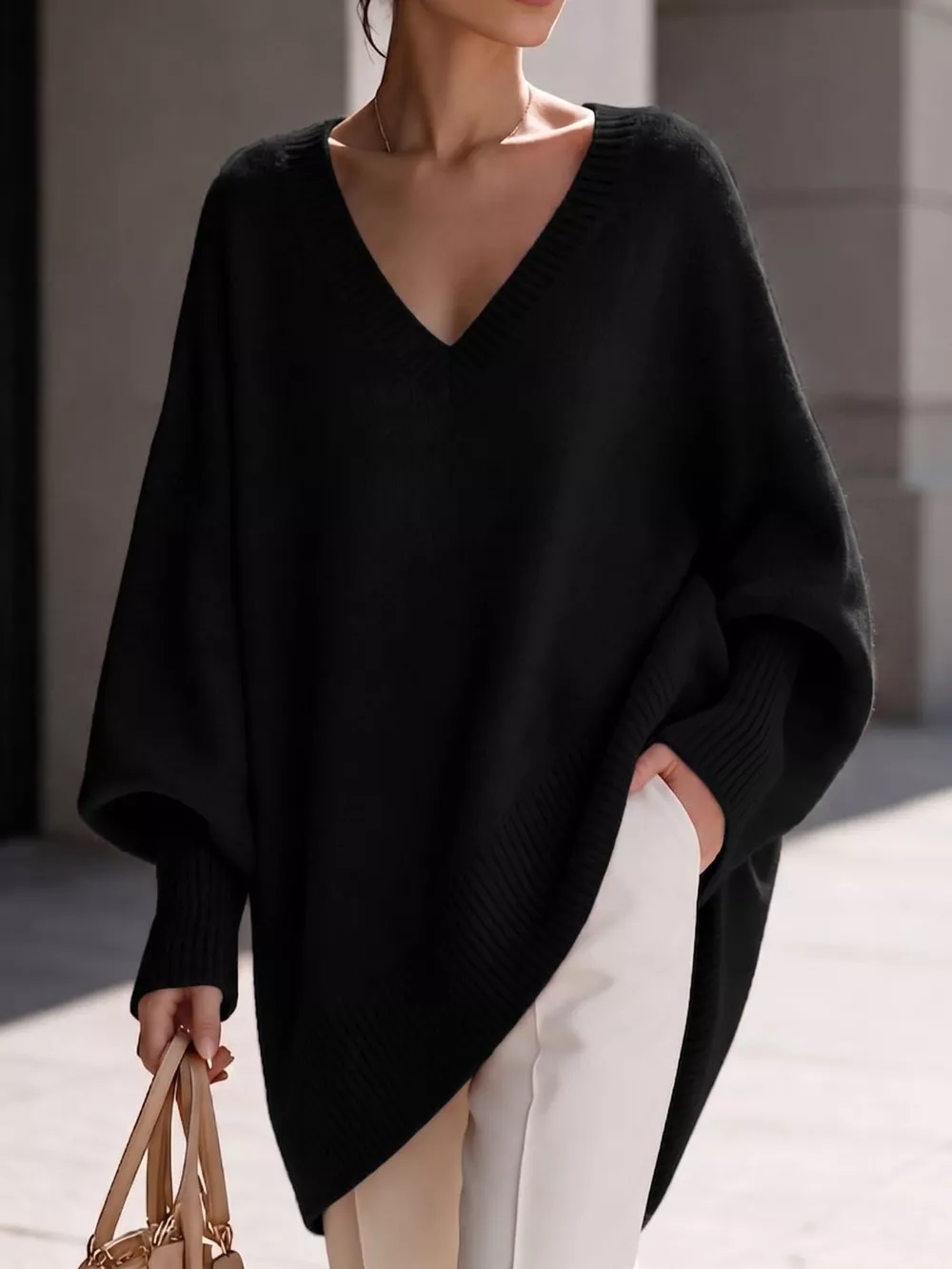 Full Size V-Neck Oversized Batwing Sleeve Sweater Plus Size, image 46