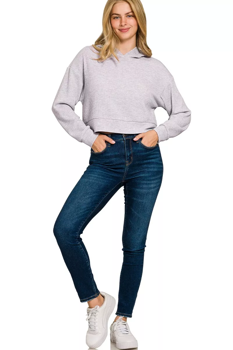 Drop Shoulder Ribbed Crop Hoodie, image 5