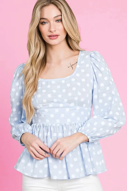 Polka Dot Print Balloon Sleeve Babydoll Peplum Top, image 12