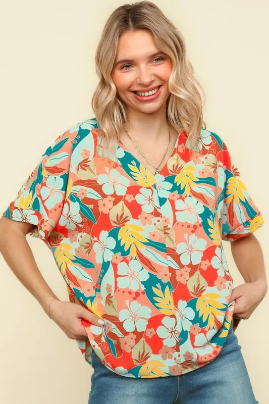 V Neck Drop Shoulder Hawaiian Woven Top, image 3