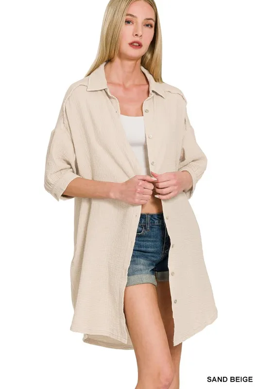 Washed Double Gauze Button Down Shirt Dress, image 4