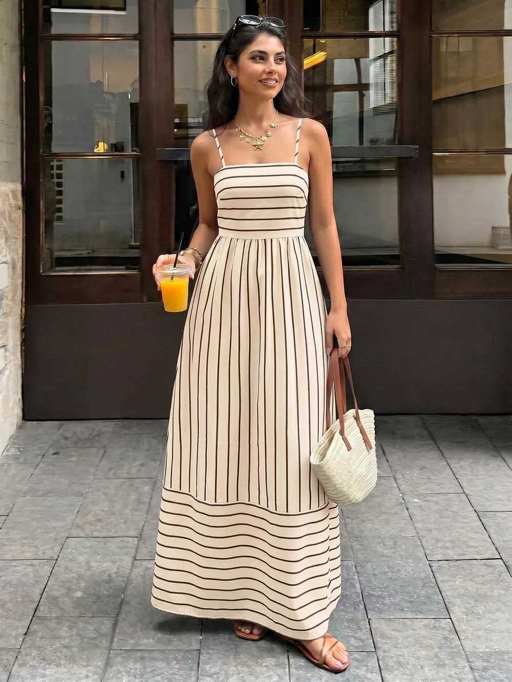 Striped Print Spaghetti Strap Maxi Dress, image 2