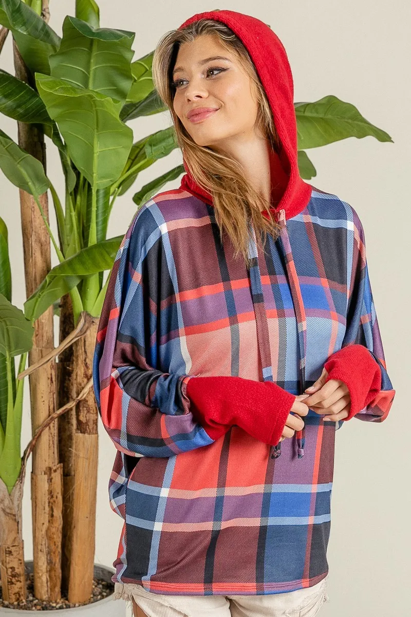 Plaid Mirr Brushed Rib Contrast Thumb Open Hoodie, image 5