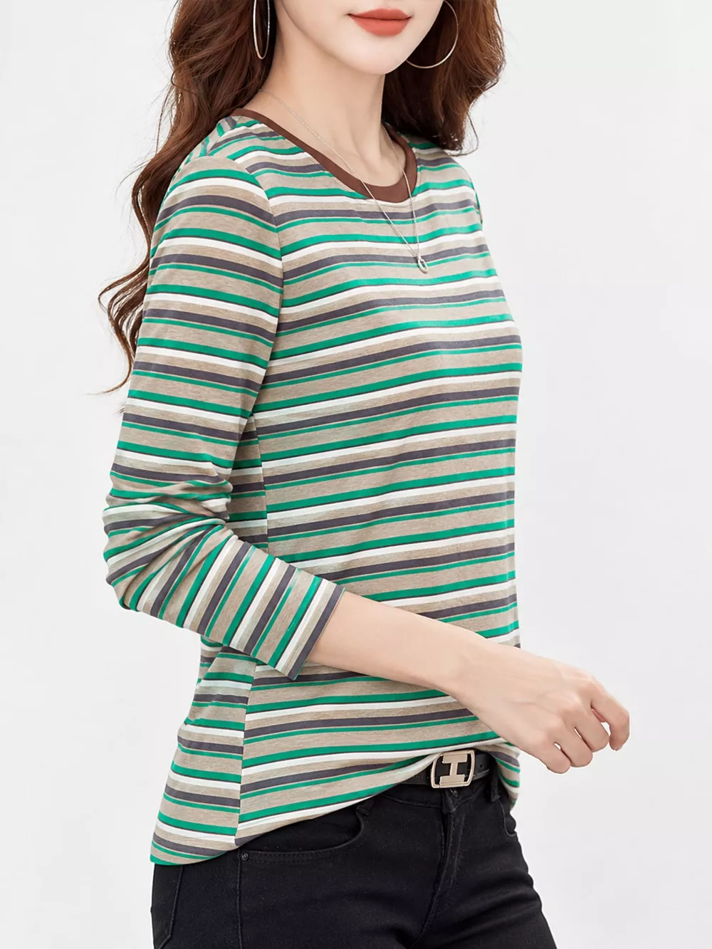 Full Size Long Sleeve Striped Crew Neck Casual T-Shirt Plus Size, image 9
