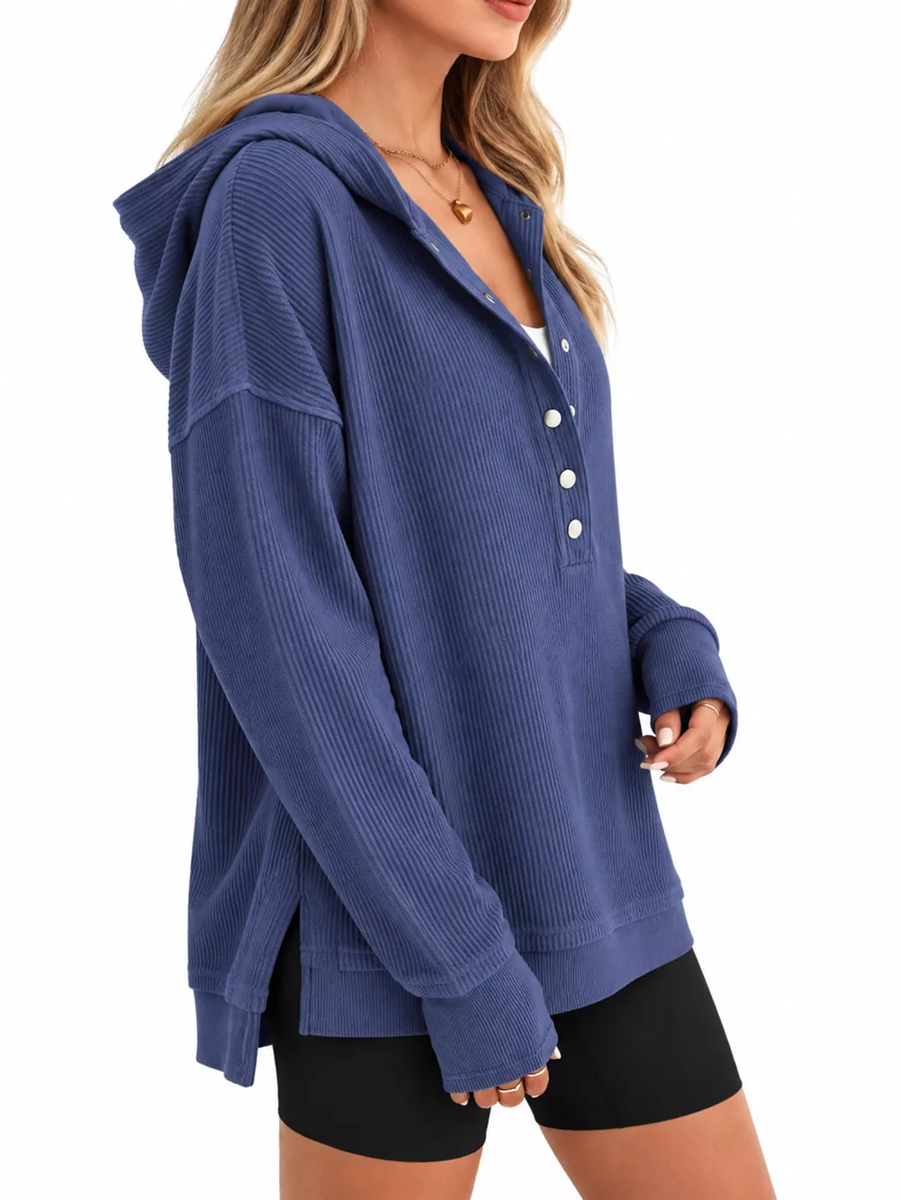 Full Size Snap Button Placket Dropped Shoulder Hoodie Plus Size, image 16