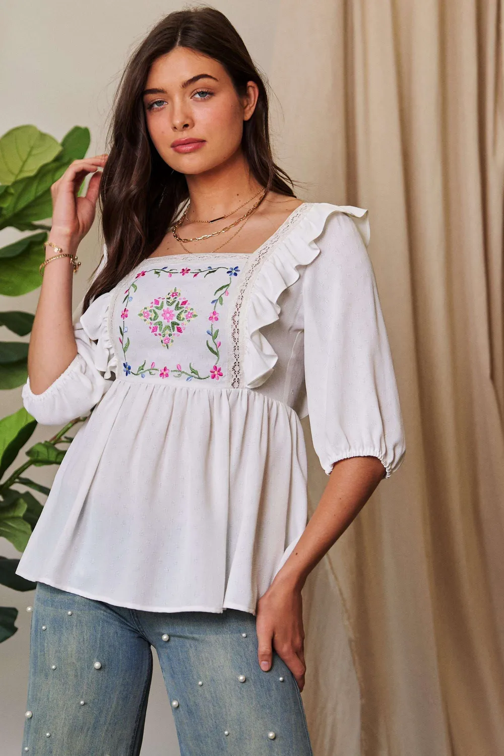 Texture Tie Back Floral Embroidery Frill Blouse, image 3