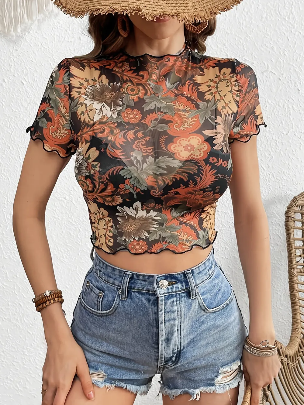 Floral Mesh Crop Top with Lettuce Trim, image 2