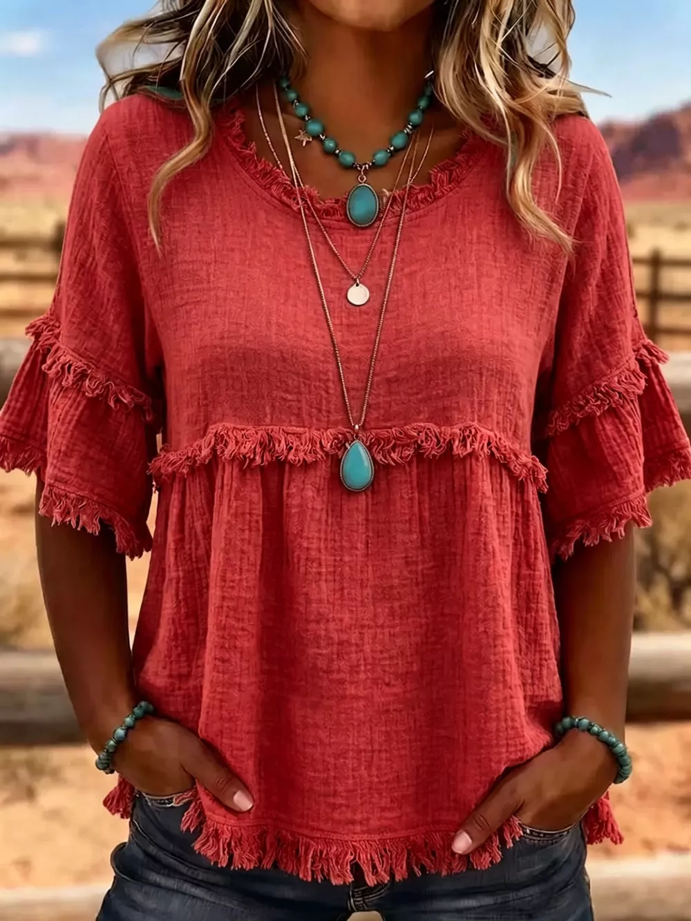 Full Size Frayed Edge Textured Blouse Plus Size, image 22