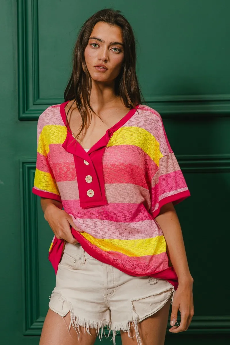 Multi Color Stripe Hacci Button Detail Ringer Top, image 8