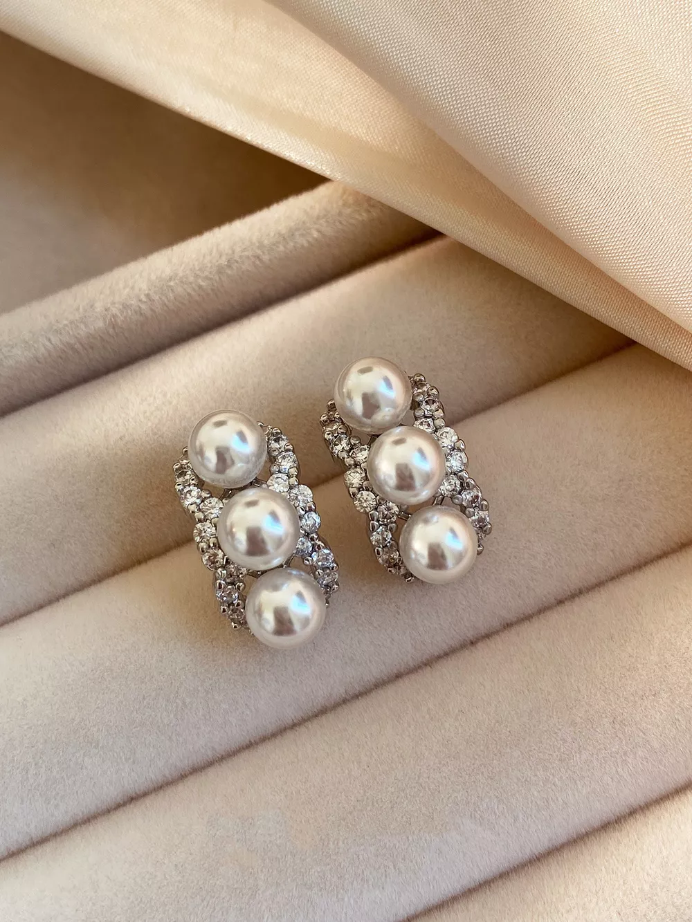 Zircon Triple Pearl Drop Earrings, image 3