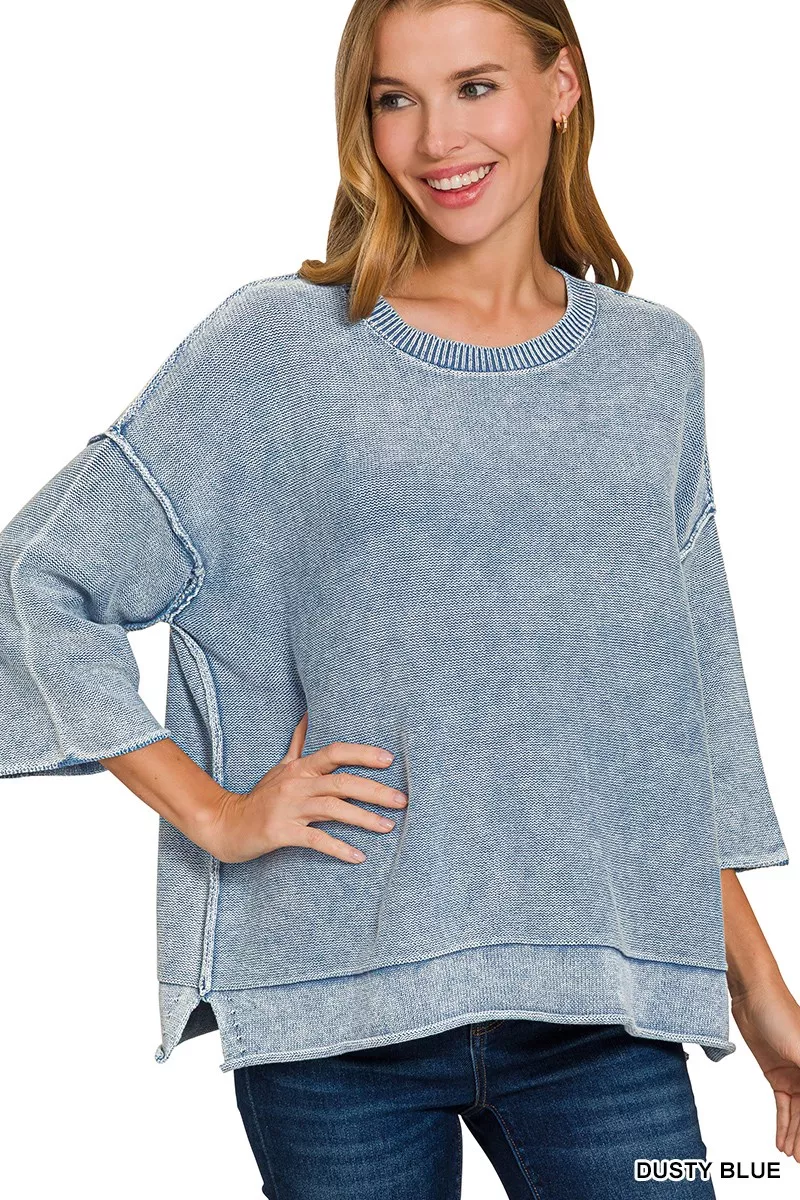 Washed 3/4 Sleeve Boxy Sweater, image 2