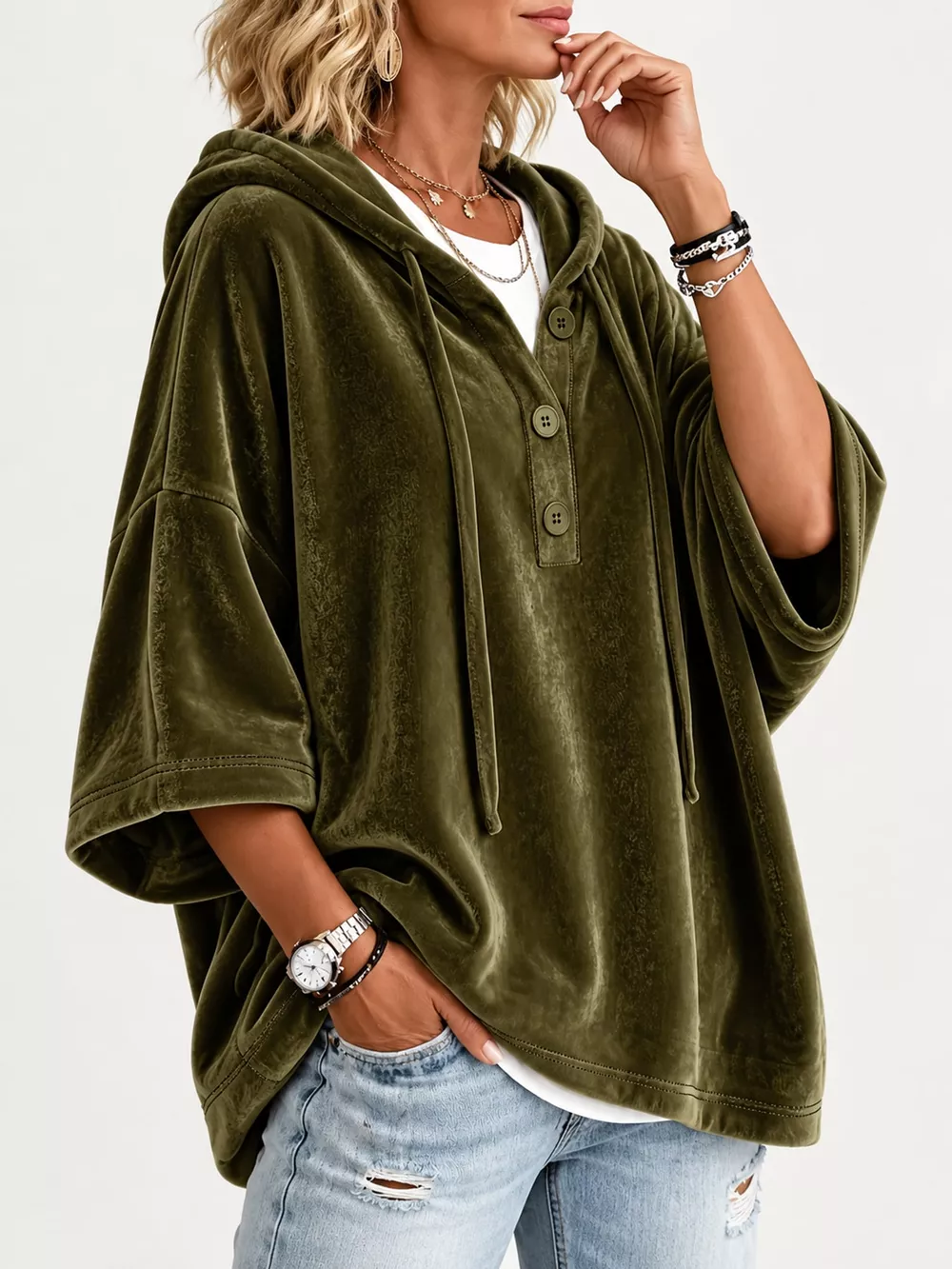 Full Size Velvet Button Detail Hoodie Plus Size, image 21