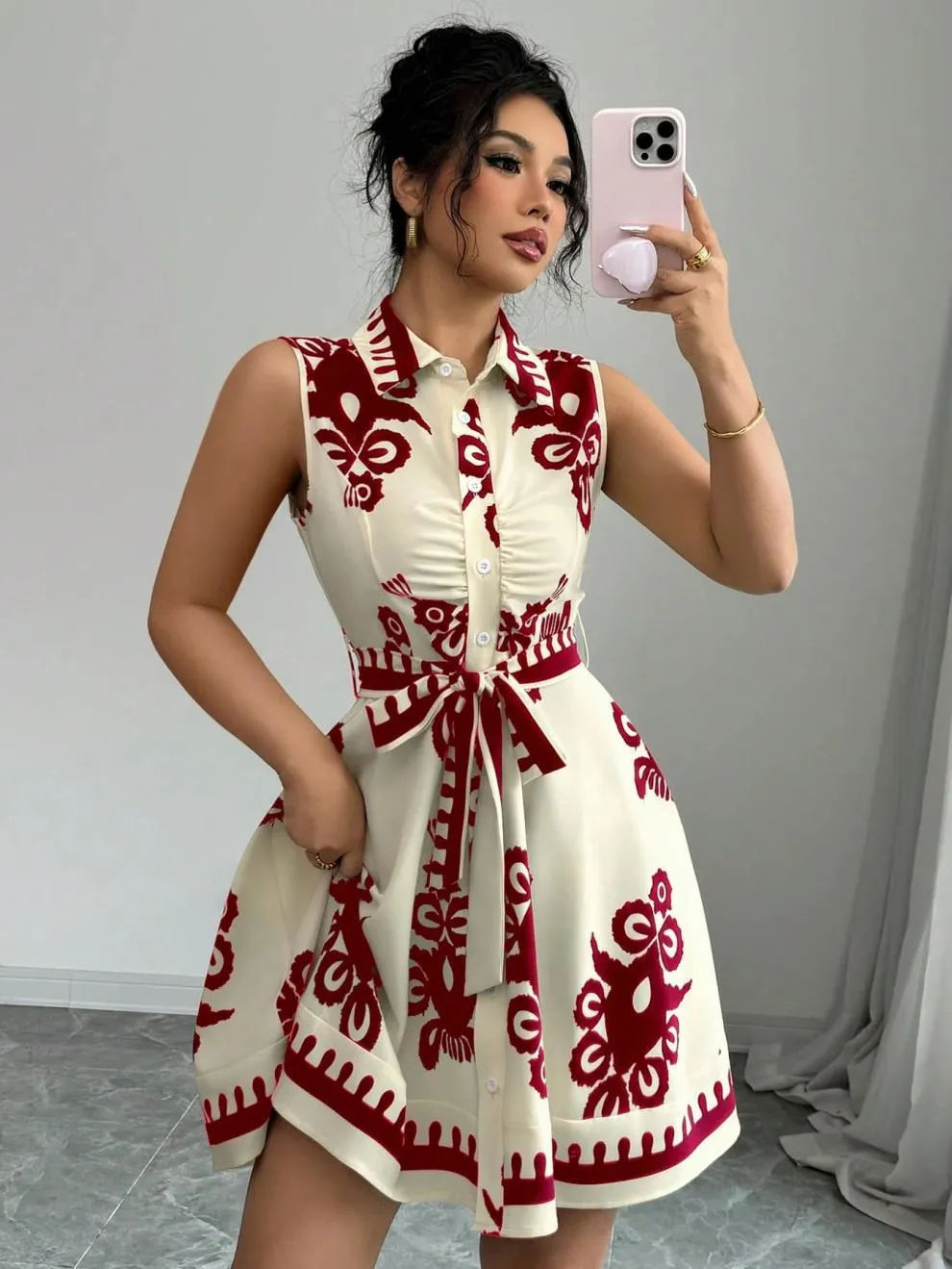 Printed Sleeveless Button Front Dress, image 12