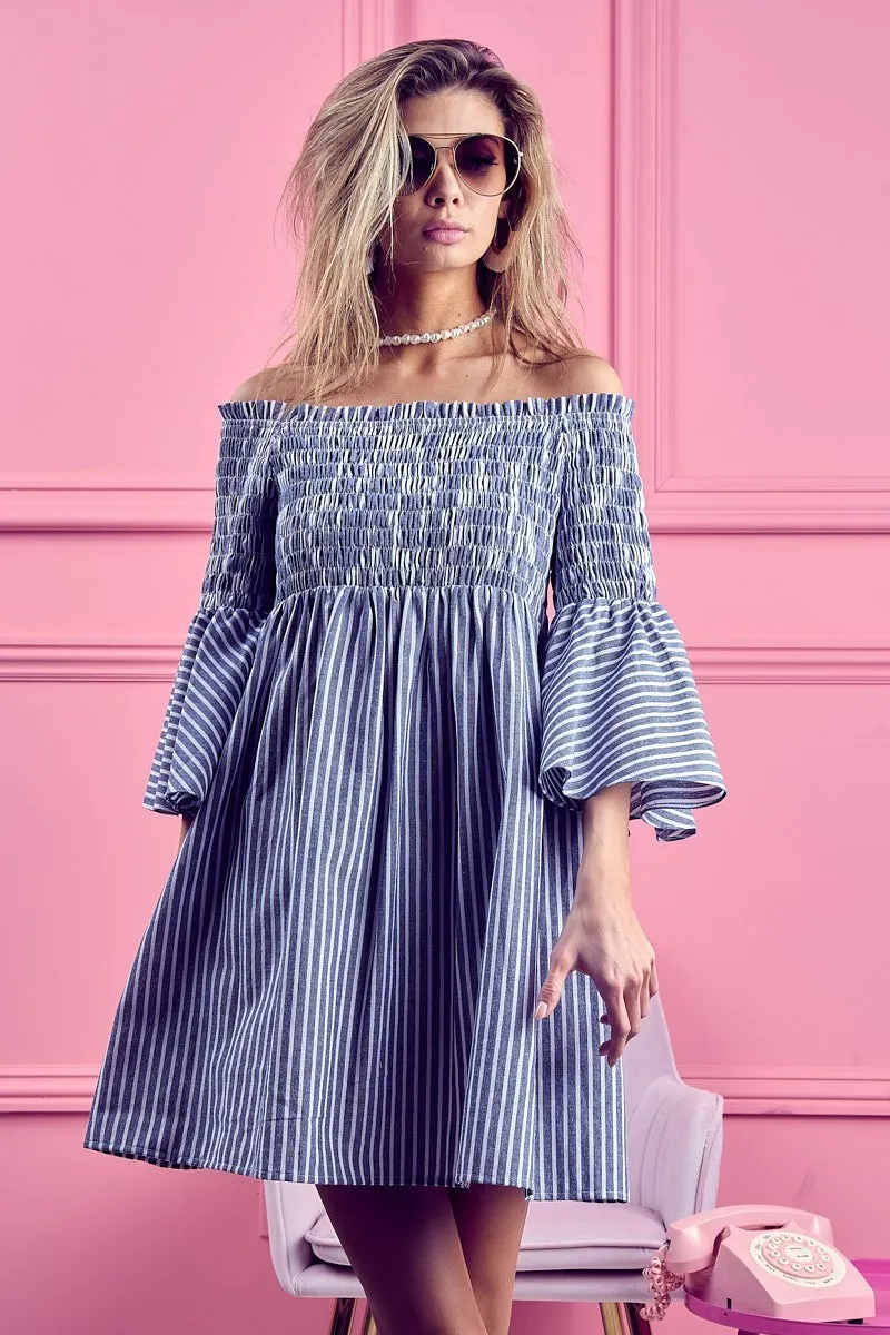 Smocked Off Shoulder Striped Dress, image 2