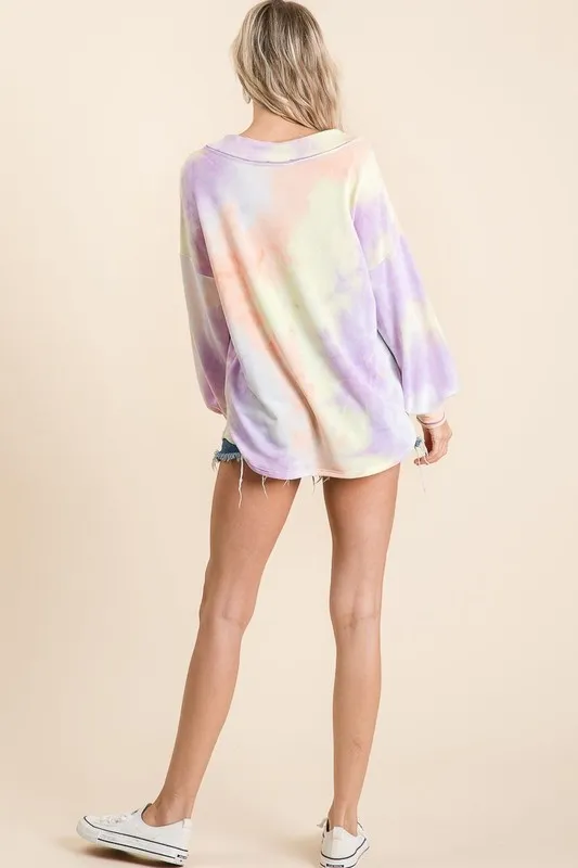 Tie Dye French Terry V-Neck Top with Puff Sleeves, image 6