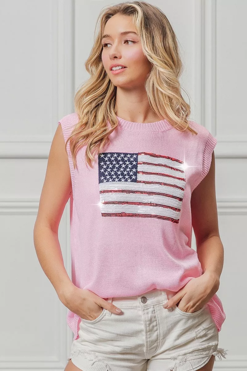American Flag Sequins Patch Knit Top, image 13