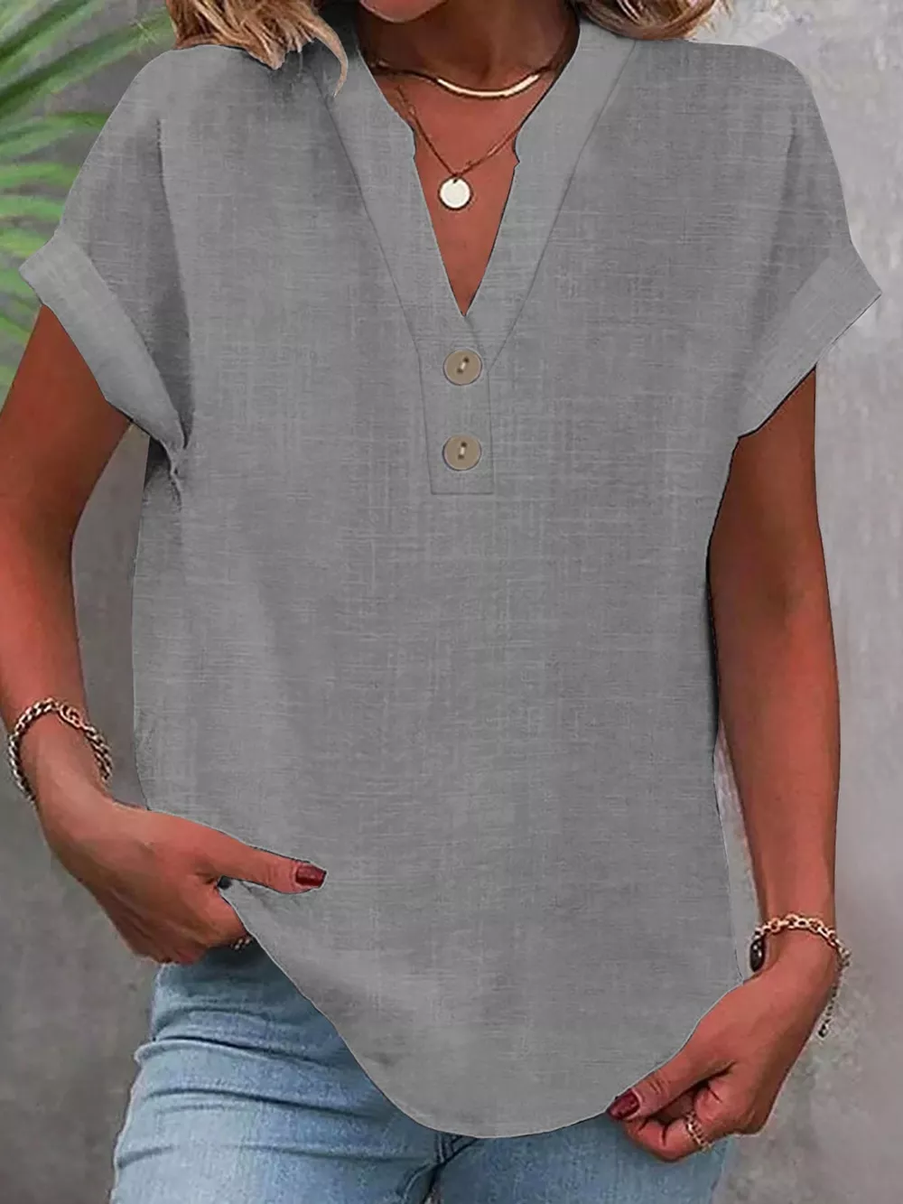 Full Size Button Detail Short Sleeve Blouse Plus Size, image 51