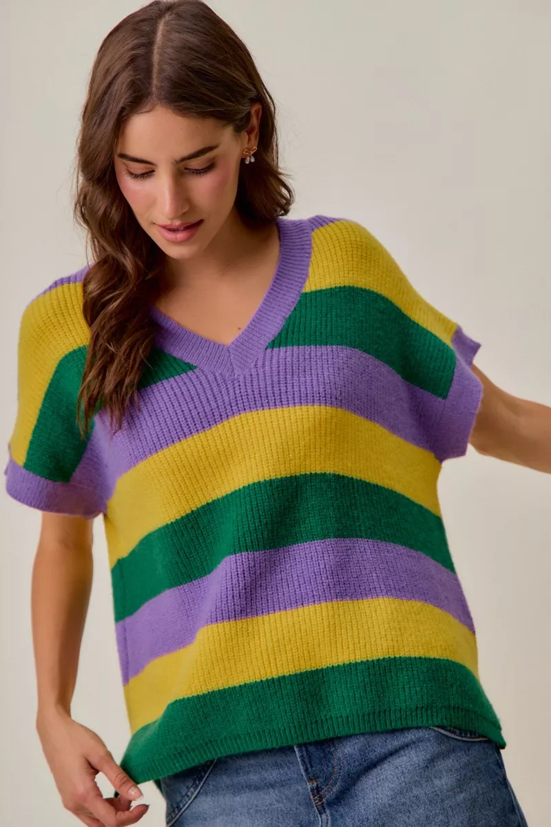 Mardi Gras Loose Fit V Neck Stripe Sweater Top, image 14