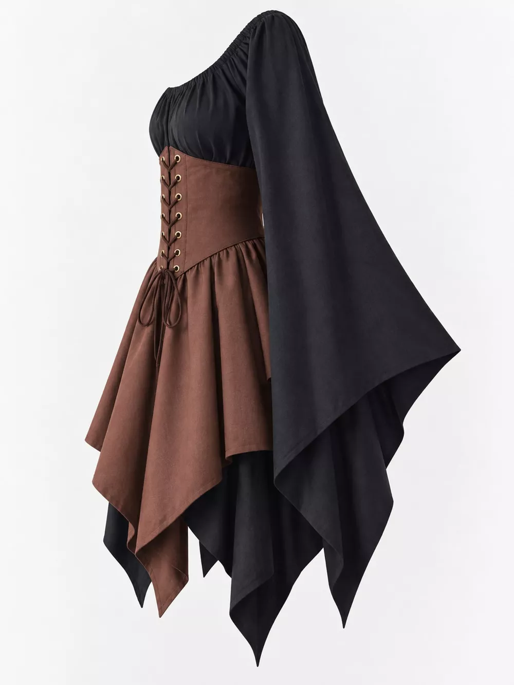 Full Size Lace-Up Flare Sleeve Irregular Hem Dress Plus Size, image 34