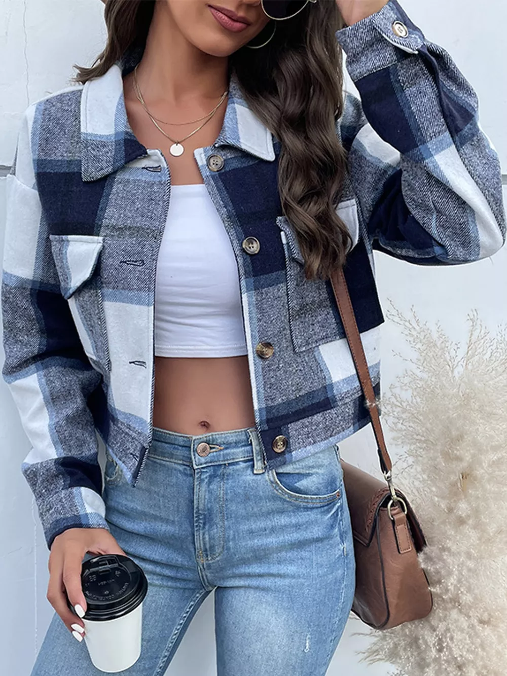 Plaid Button-Front Cropped Jacket, image 4