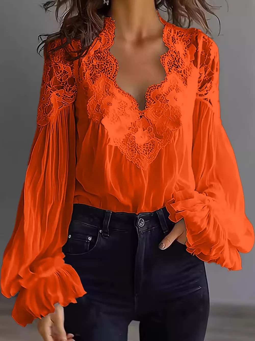 Full Size Lace V-Neck Flounce Sleeve Blouse Plus Size, image 25