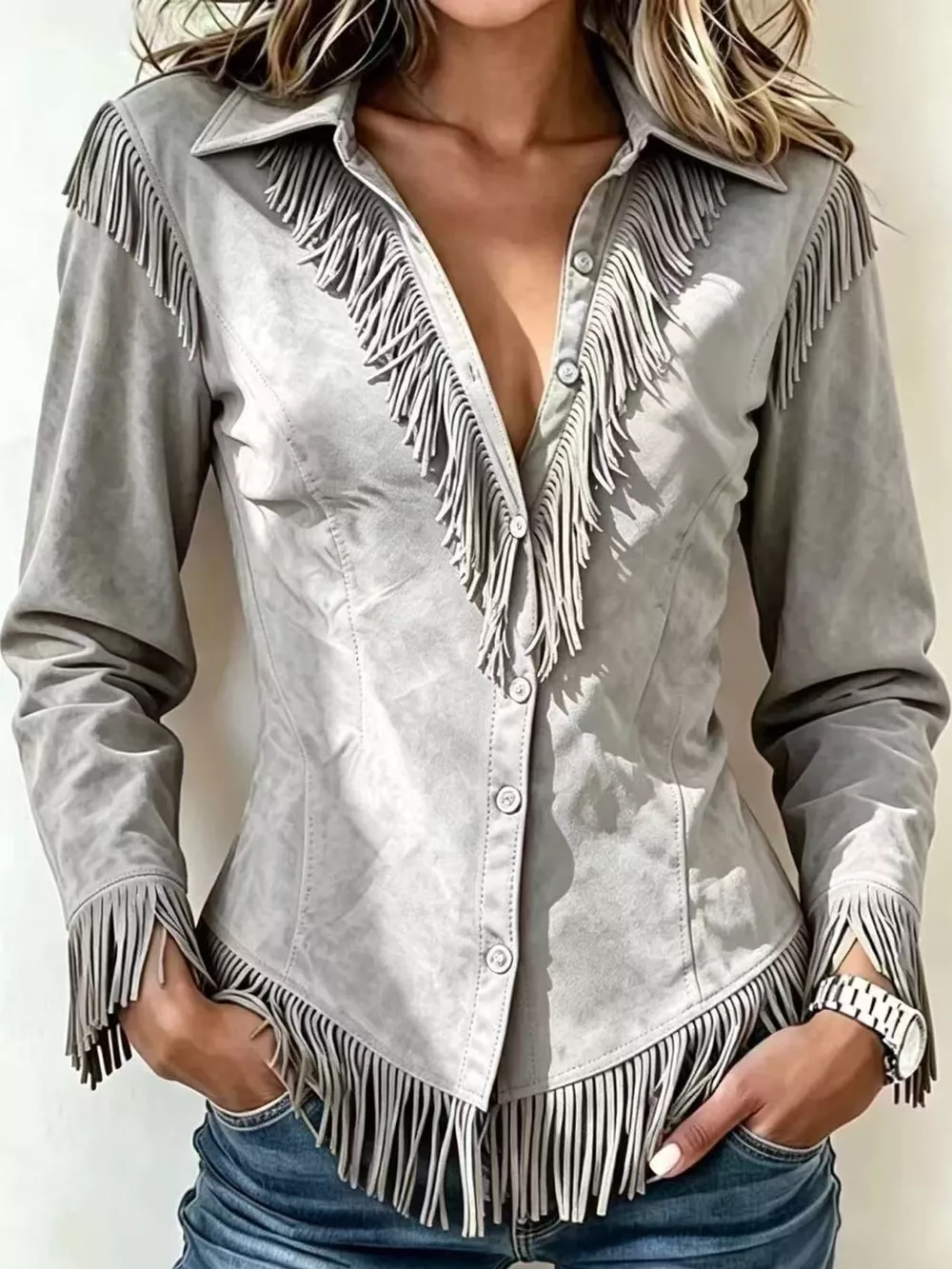 Full Size Fringed Button Up Shirt Plus Size, image 27