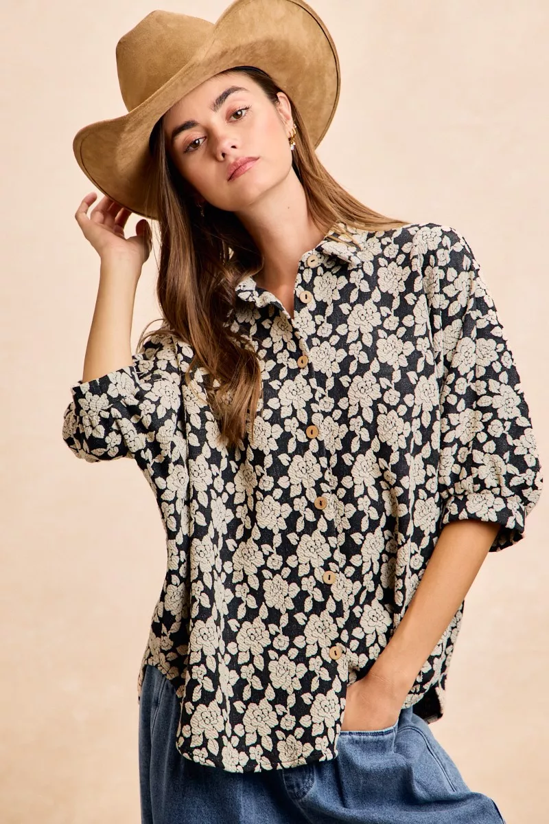 Floral Jacquard Short Dolman Sleeves Shirt, image 13