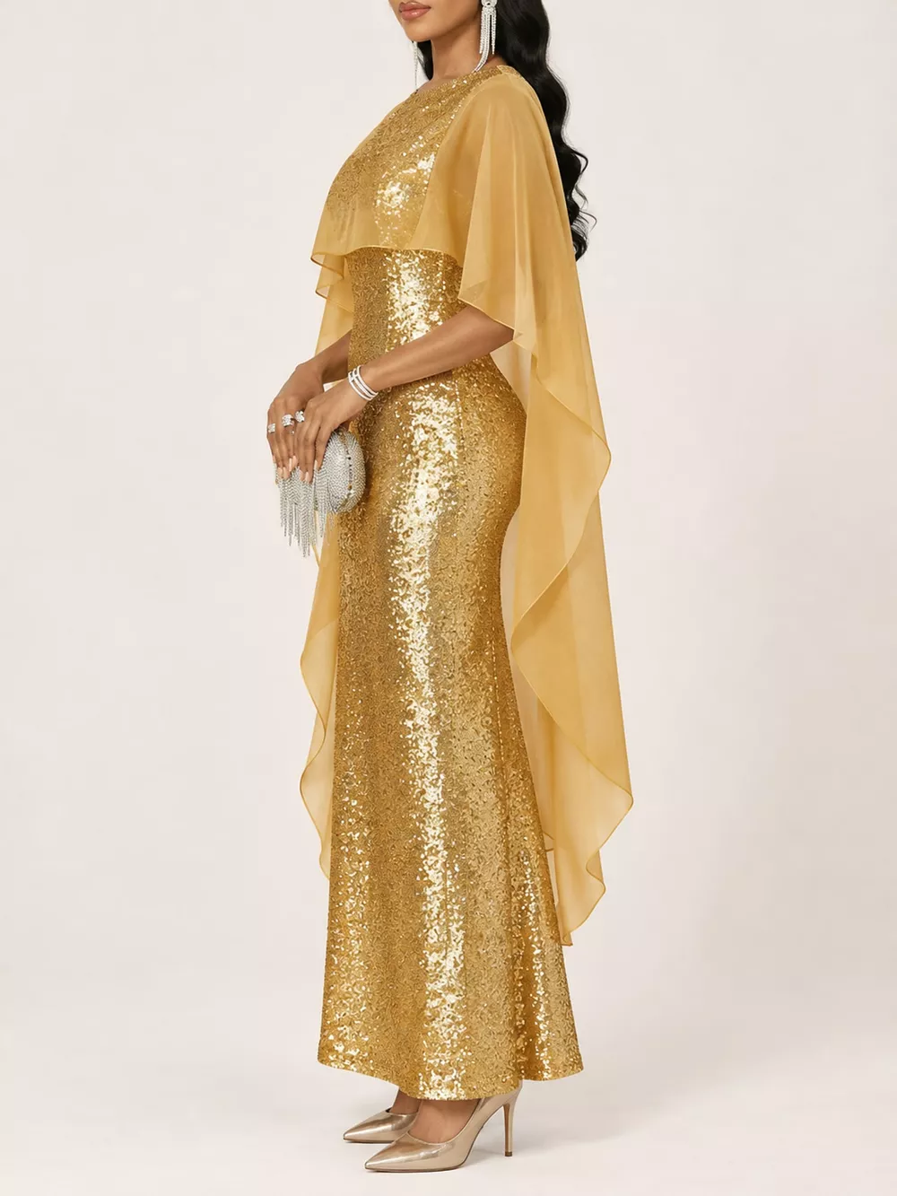Sequin Cape Overlay Evening Dress, image 20