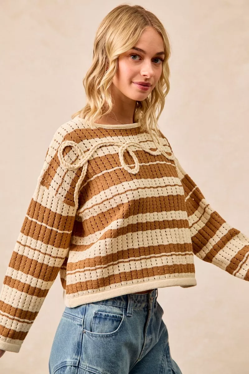 Striped Open Knit Sweater Top with Front Braided Detail, image 12