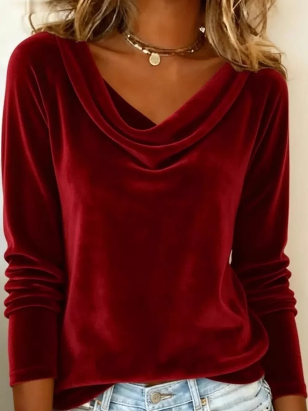 Full Size Velvet Cowl Neck Long Sleeve T-Shirt Plus Size, image 5