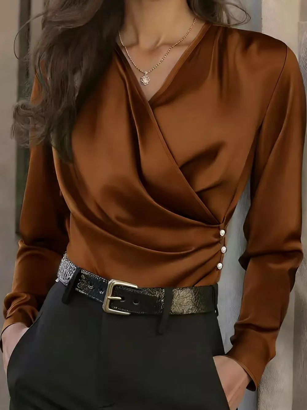 Satin Surplice Long Sleeve Blouse, image 38