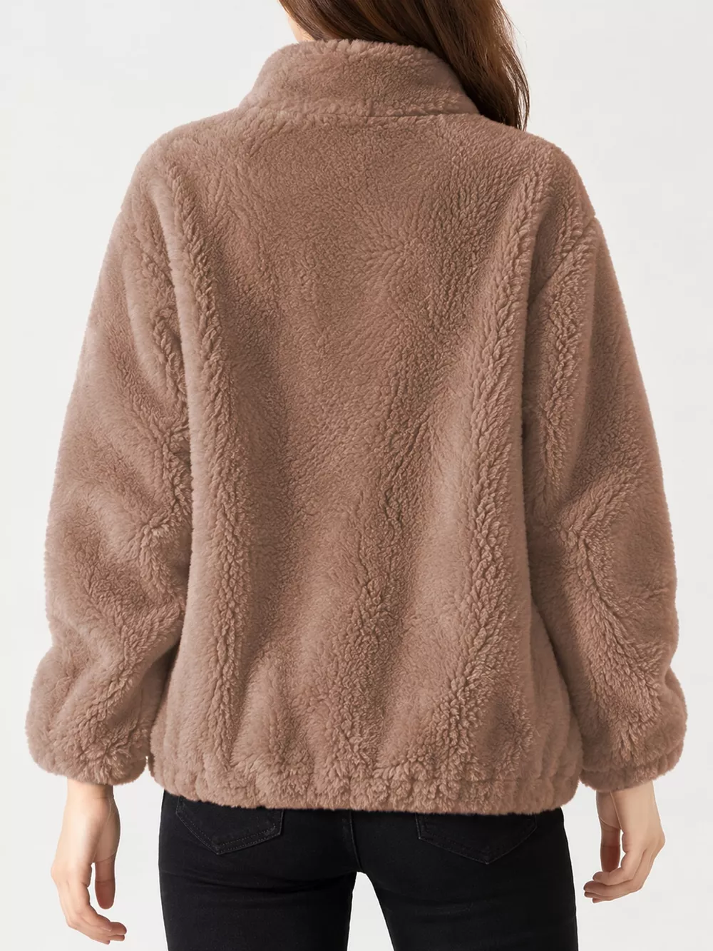 Full Size Drawstring Faux Fur Stand-Collar Zip-Up Outerwear Plus Size, image 33