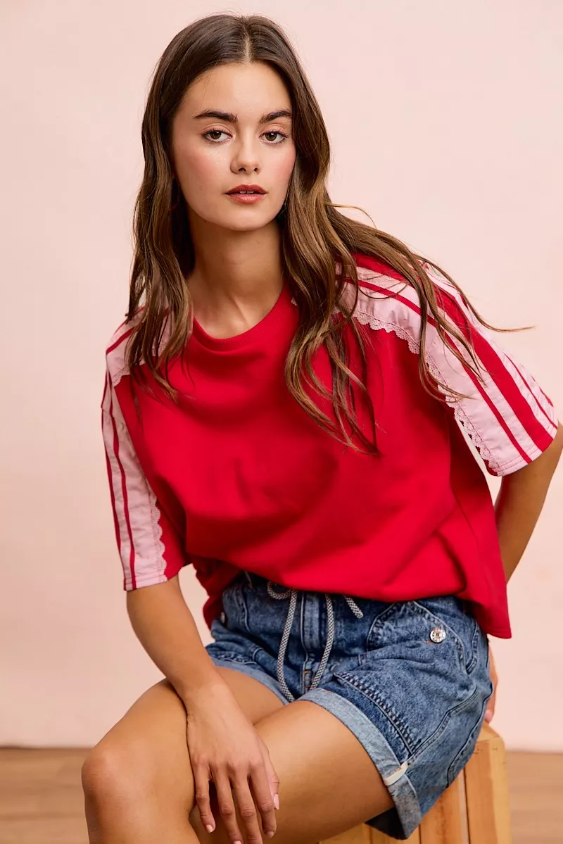 BiBi French Terry Side Lace Detail Short Sleeves Top, image 6