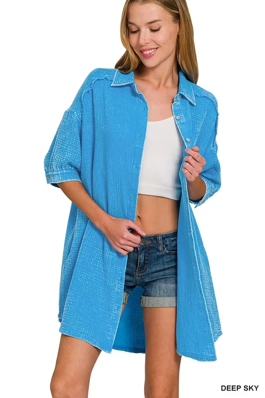 Washed Double Gauze Button Down Shirt Dress, image 5