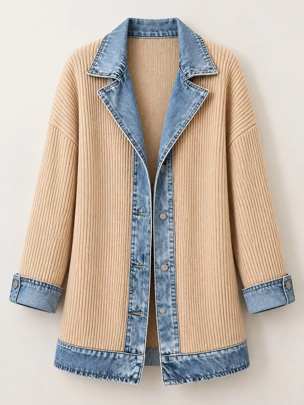 Full Size Denim Trim Ribbed Knit Cardigan Plus Size, image 35