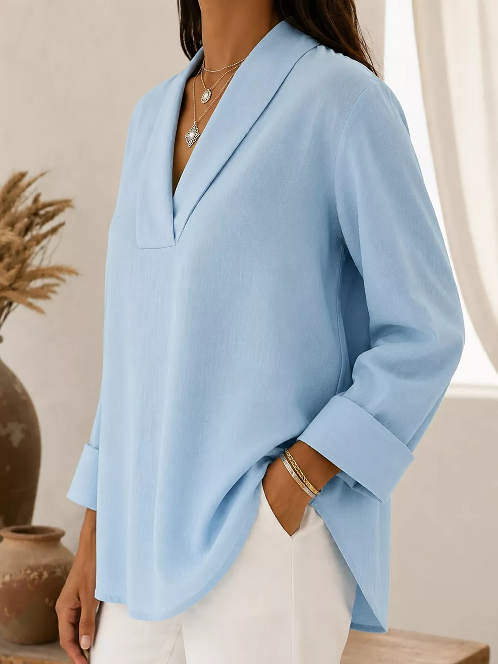 Full Size V-Neck Long Sleeve Blouse Plus Size, image 3