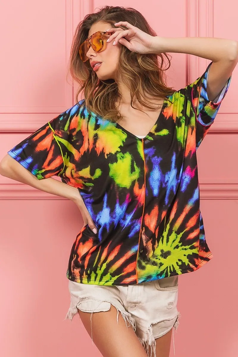 Tie Dye Print Jersey Stitched V Neck Top, image 10