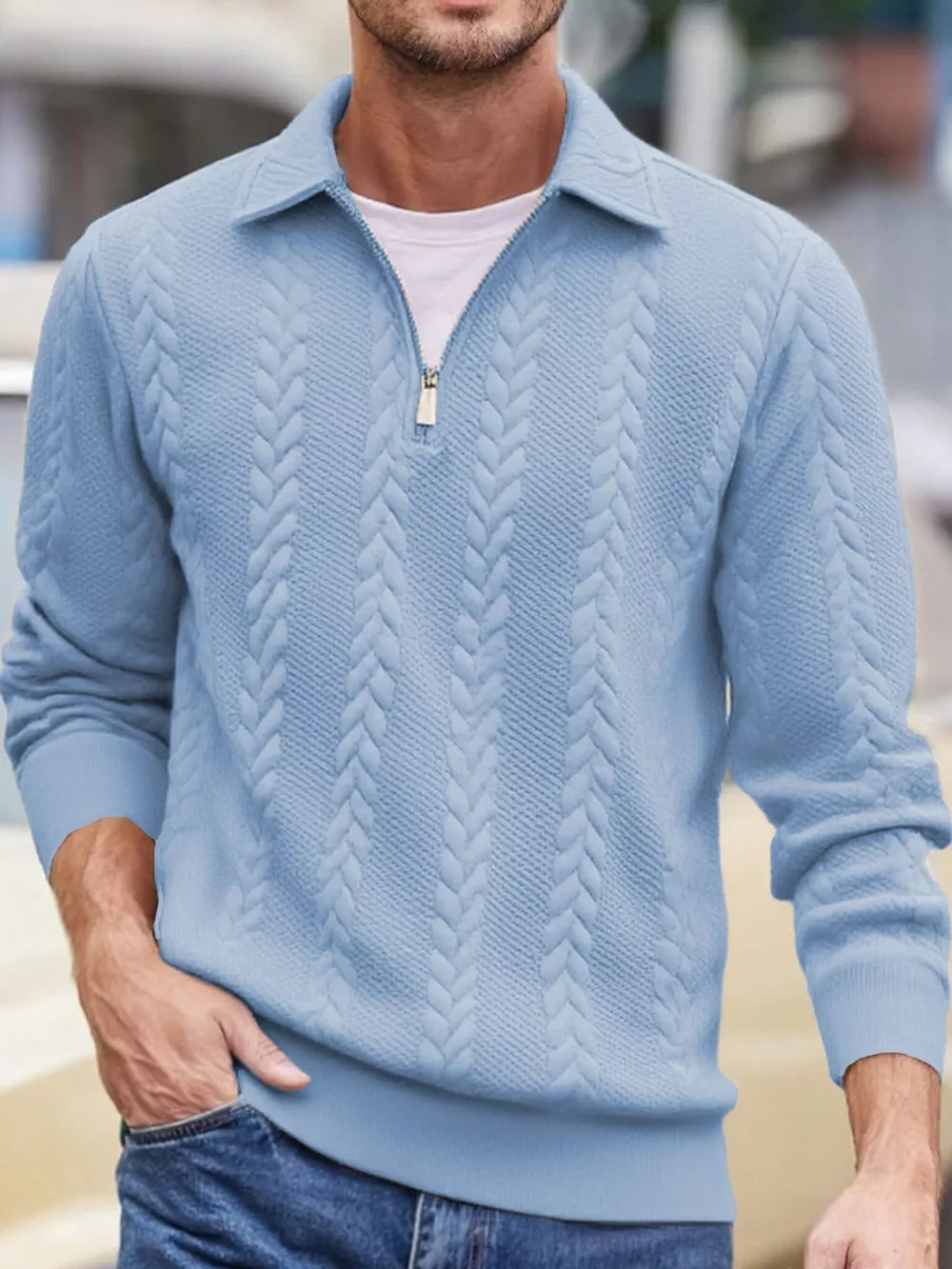 Men's Full Size Quarter-Zip Cable Knit Jacquard Sweatshirt Plus Size