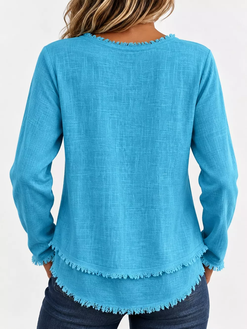 Full Size Frayed Hem V-Neck Long Sleeve Blouse Plus Size, image 28