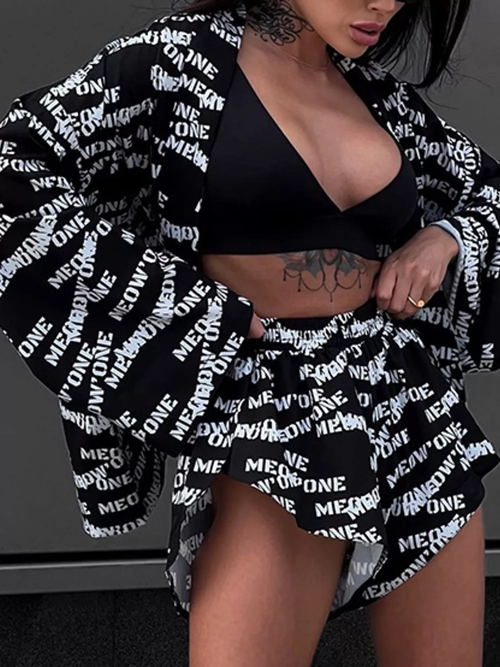 Geometric Cat Print Cardigan and Shorts Lounge Set, image 7