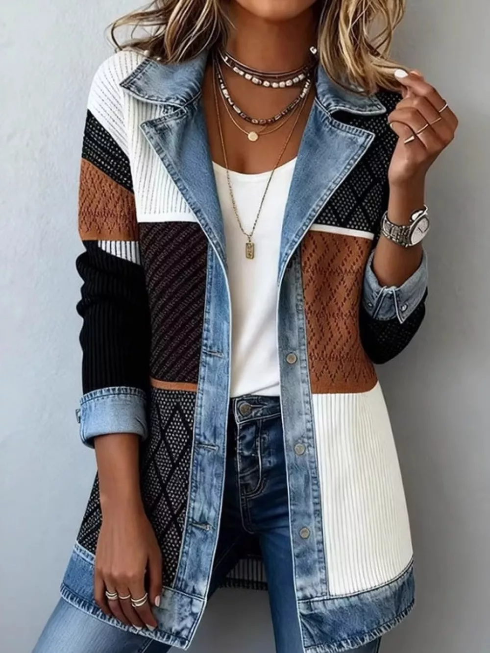 Full Size Denim Trim Ribbed Knit Cardigan Plus Size, image 23