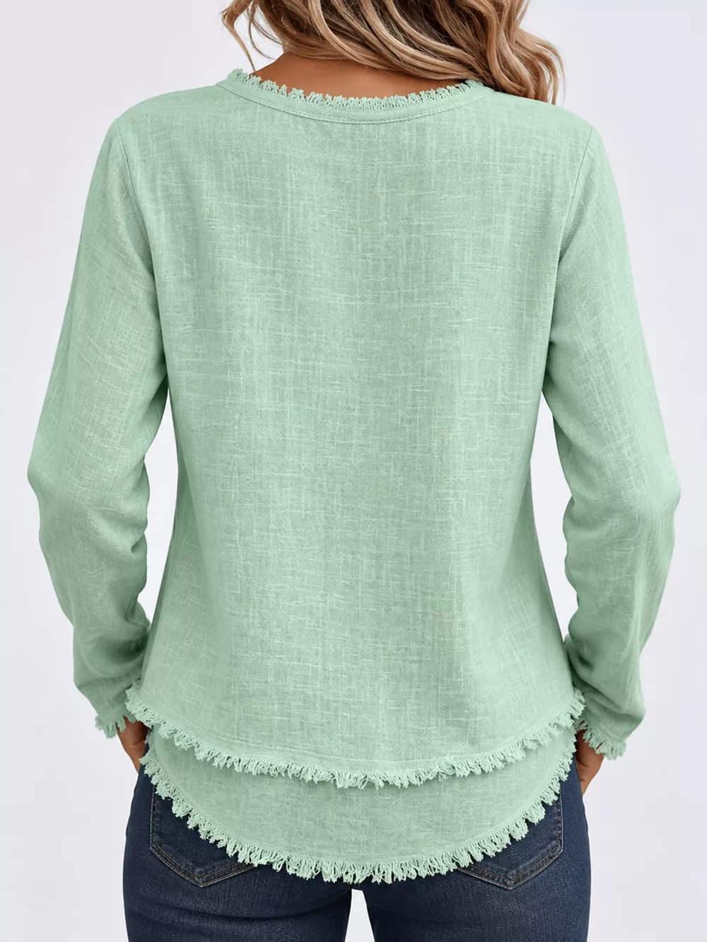 Full Size Frayed Hem V-Neck Blouse Plus Size, image 63