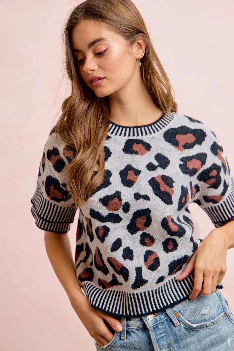 BiBi Two Tone Detail Leopard Knit Double Sleeves Top, image 11