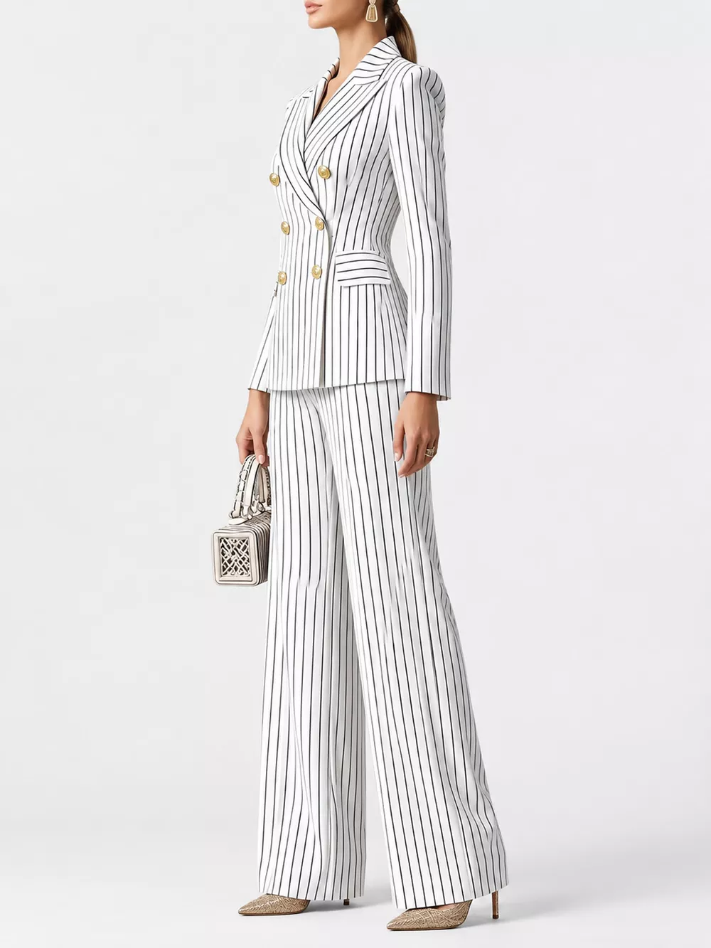 Double-Breasted Pinstripe Blazer and Wide-Leg Pants Set, image 18