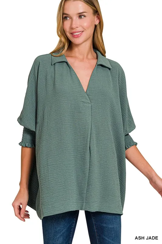 Airflow Collar Tee with Smocked Sleeve Band Top