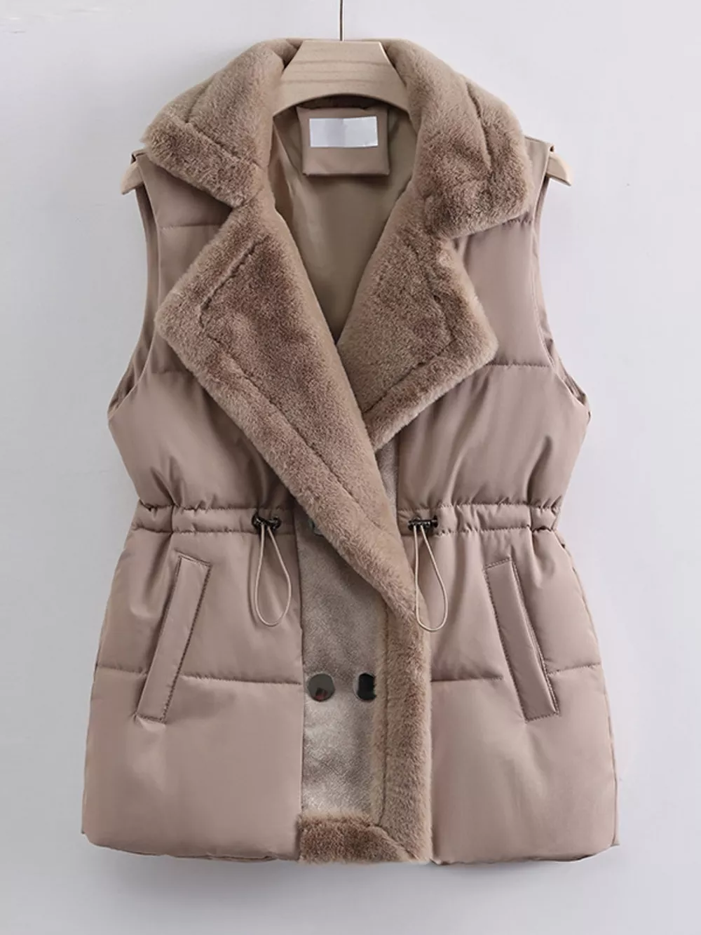 Faux Fur Trimmed Vest Coat with Drawstring Waist, image 7