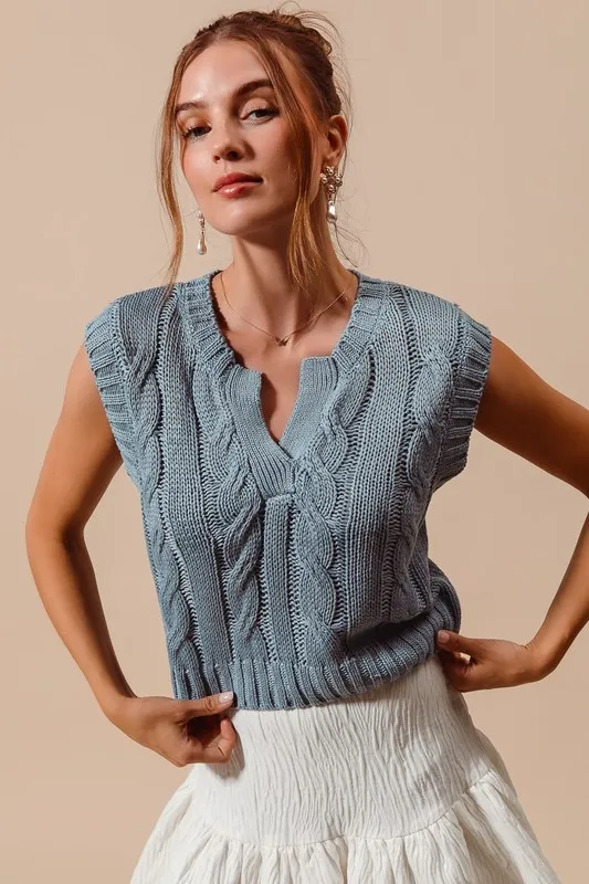 Notched Neck Cable Knit Sweater Vest